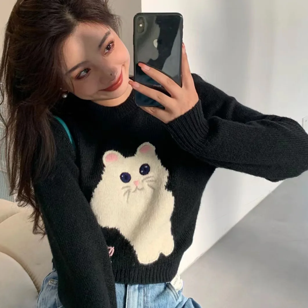 

Cute Cat Jacquard Knitted Sweater Women Blue Loose Crop Top Knitted Jumper Korean Cardigan Women Jacket Outerwear 2023 Autumn