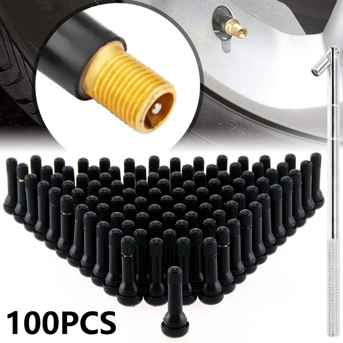 

new 100Pcs TR414 Tubeless Rubber Car Wheel Tyre Valve with Metal Valve Puller Tool Durable Premium Tubeless Tire Valve Stem