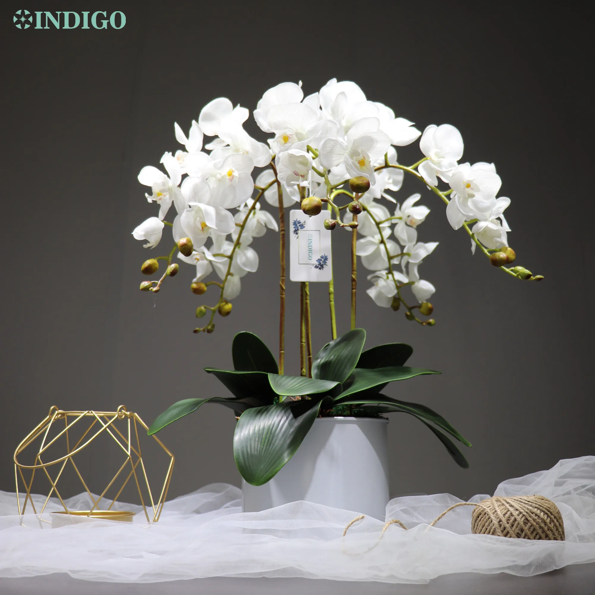 

White Orchids ( 5PCS Orchid + 3PCS Leaves + Moss + Pot) Real Touch Table Centerpiece Wedding Party Event -NDIGO