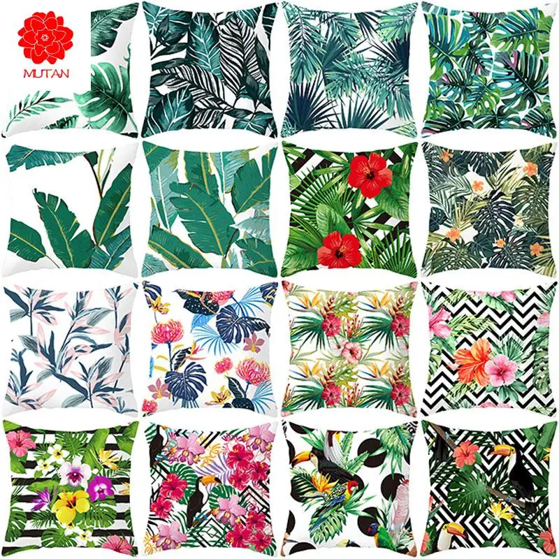 

YWZN Summer Tropical Plants Decorative Pillowcase Green Leaves Throw Pillow Case Polyester Printing Pillow Cover kussensloop