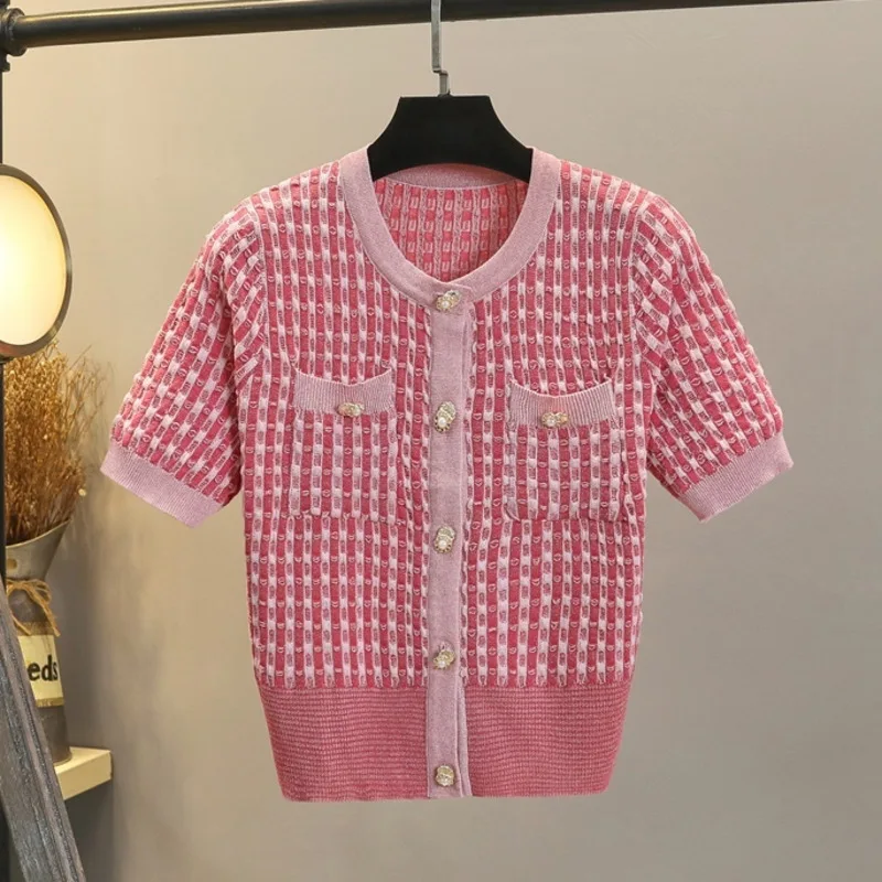 

Корейский тонкий летний свитер в клетку, кардиган для женщин, новинка 2022, модный элегантный топ с коротким рукавом, женская вязаная верхняя ...