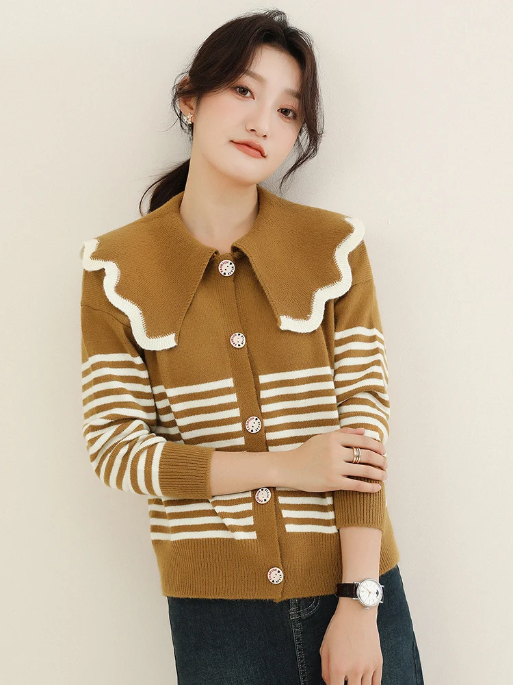 

HCXR Women Sweaters 2023 Winter Sweet Doll Collar Knitwear Korean Style Long Sleeve Striped Retro Knitted Pullover Tops