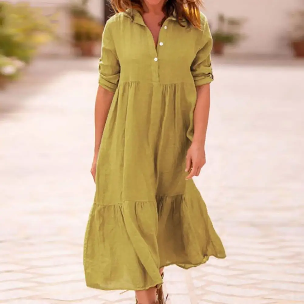 

M-5XL Cotton Linen Women Dress Buttons Half Placket Solid Color Stitching Large Hem Lapel 3/4 Sleeve Summer Shirt Midi Dress