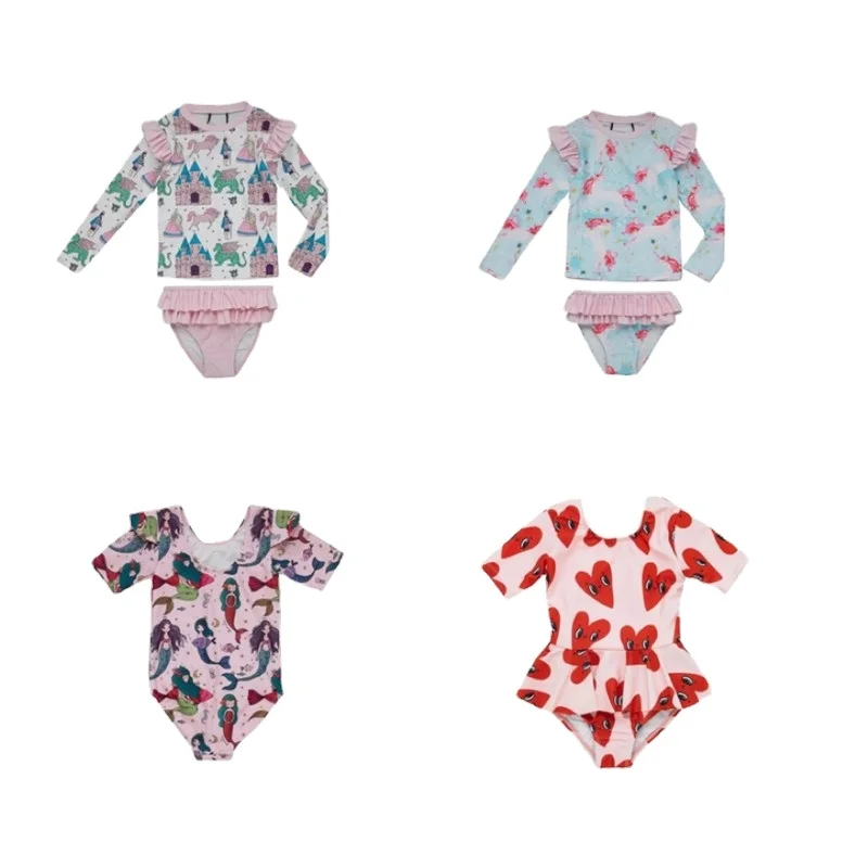 

In Stock RYB New Children's Swimsuit One-piece Swimsuit Swimming Cap Suit Girls Long-sleeved Split Swimsuit Cute Swimwear