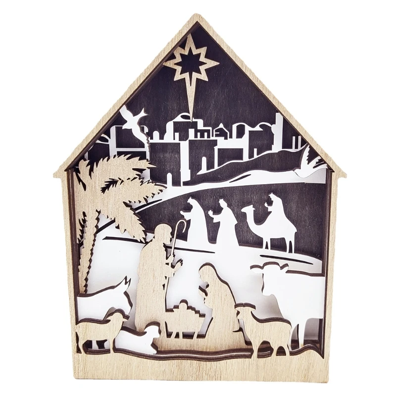 

Christmas Nativity Scene Ornament Carved Jesus Sheep Wooden House Religious Gift