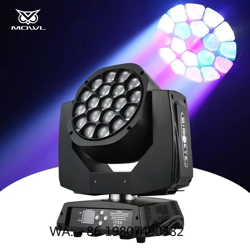 Фото Светодиодный прожектор 19x15W Big Bee Eye с эффектом движущейся головы, 4-в-1 RGBW, бесшумный, с зумом, для дискотек, баров, клубов, сцен №1