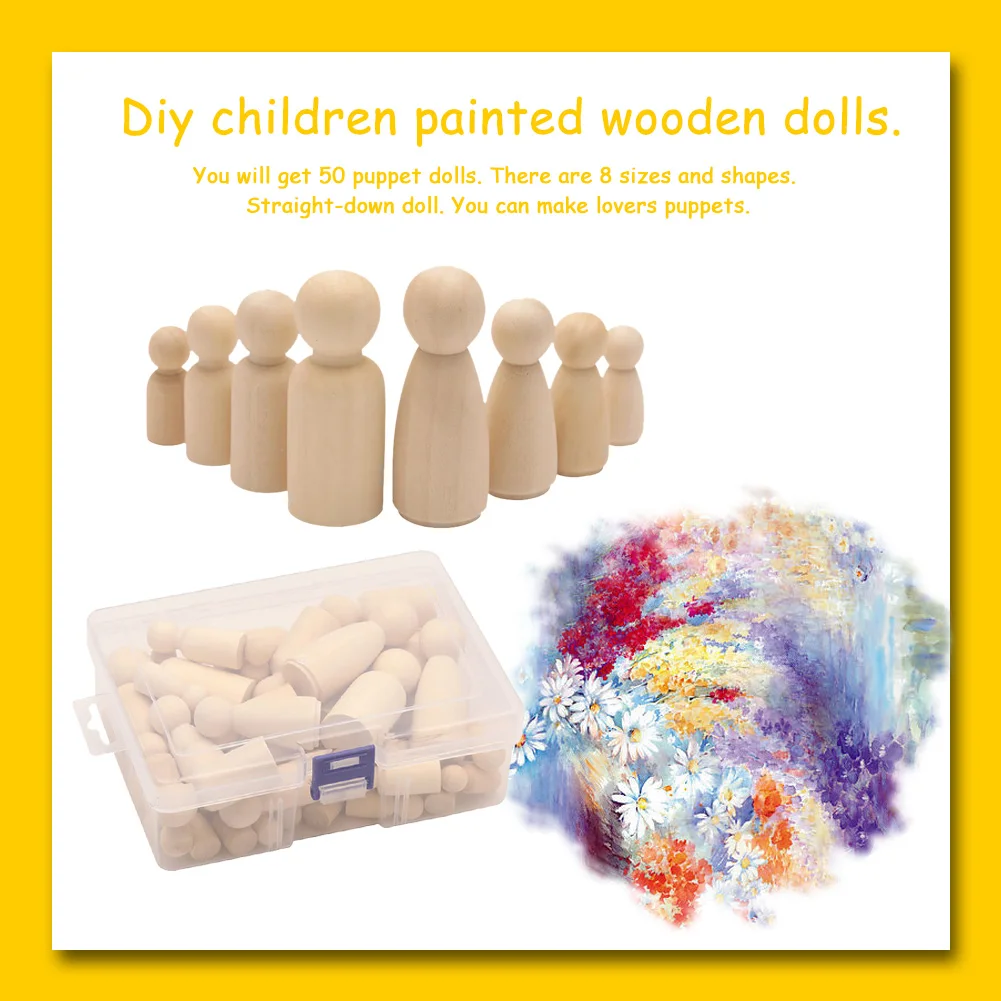 

50Pcs Painted Wooden Peg Dolls Unfinished Blank DIY Doll Parent-Child Interactive Toy for Home Table Showcase Decor