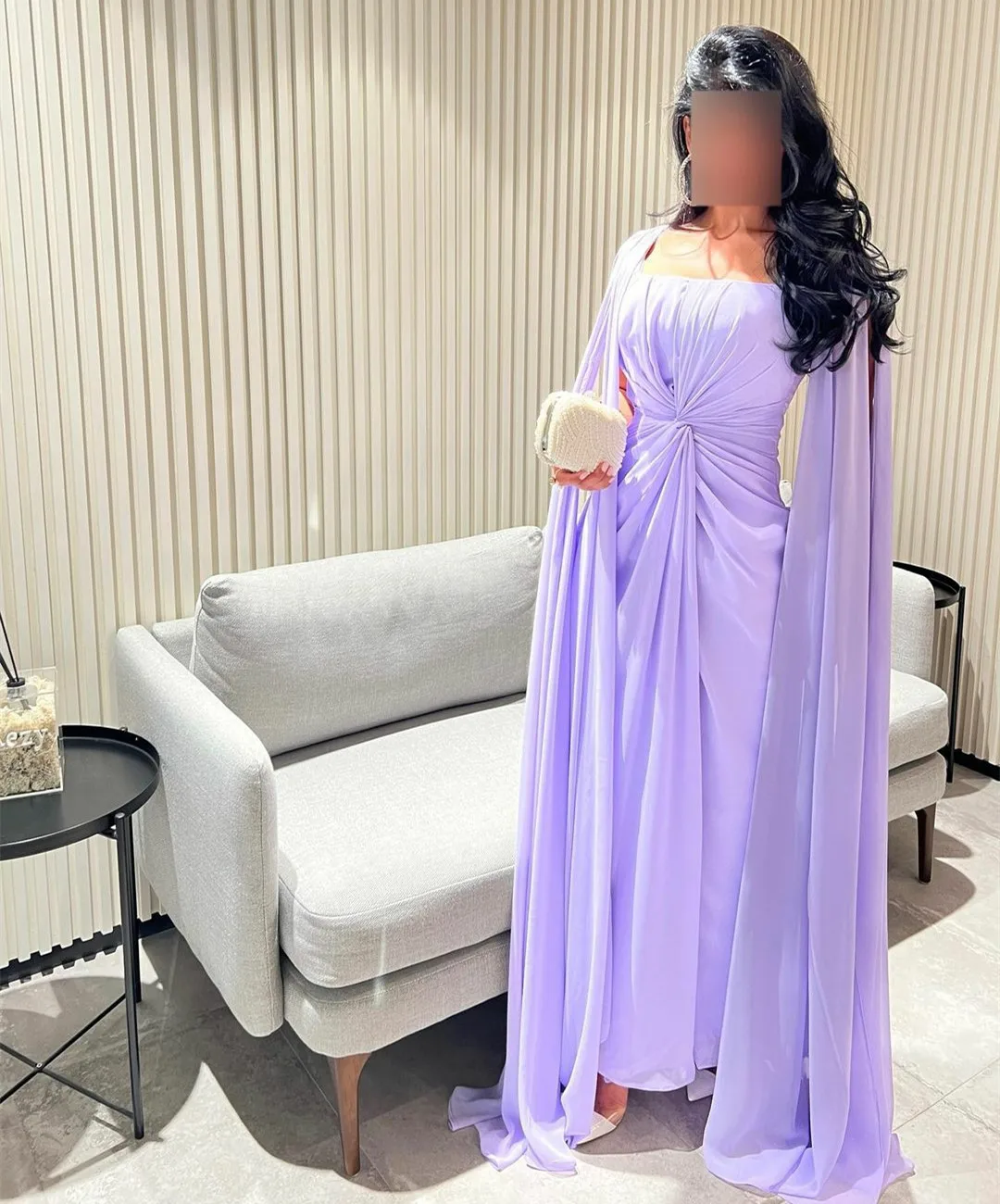

Classy Long Lilac Evening Dresses With Cape فساتين السهرة Sheath Chiffon Ankle Length Prom Dress Robe de soirée for Women