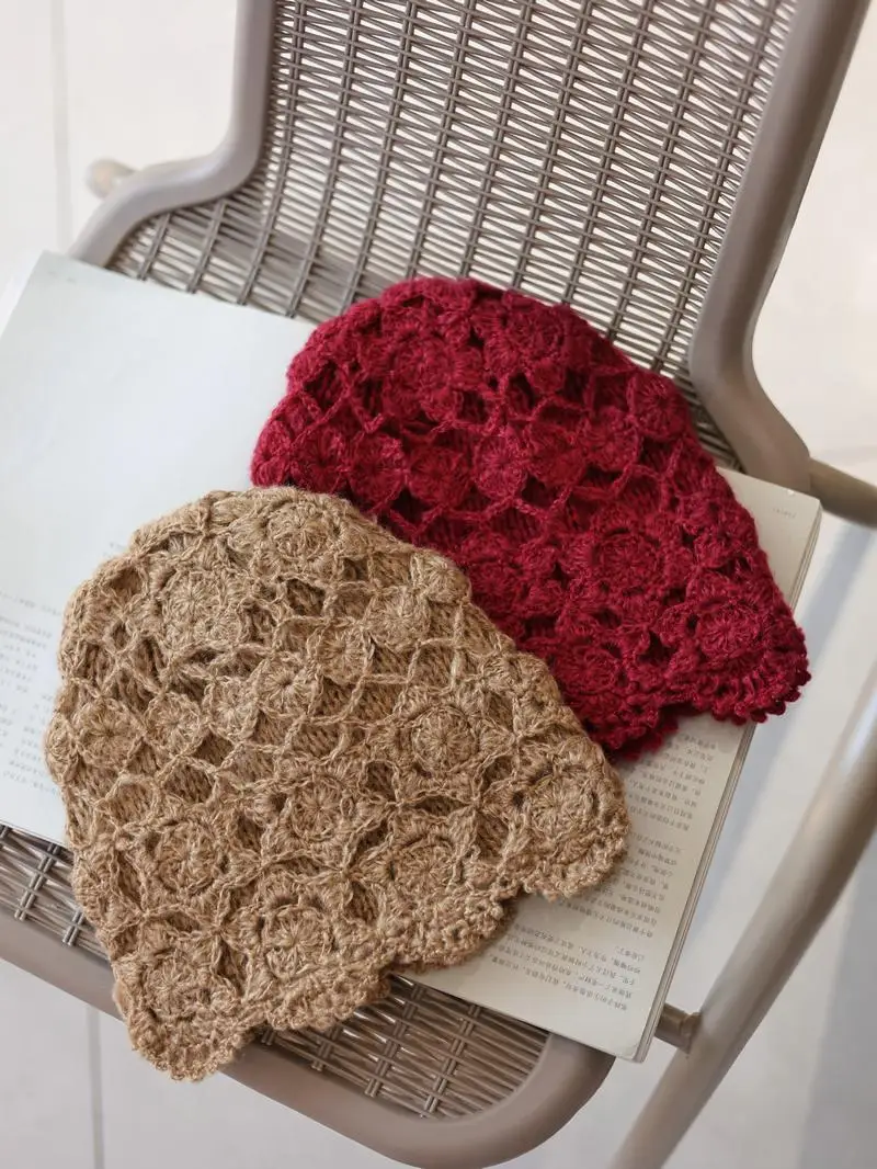 Hat Sle Autumn and Winter Double-Layer Hollow Flower Handmade Woolen Cap Warm All-Match Retro Temperament Knitted Toque Women