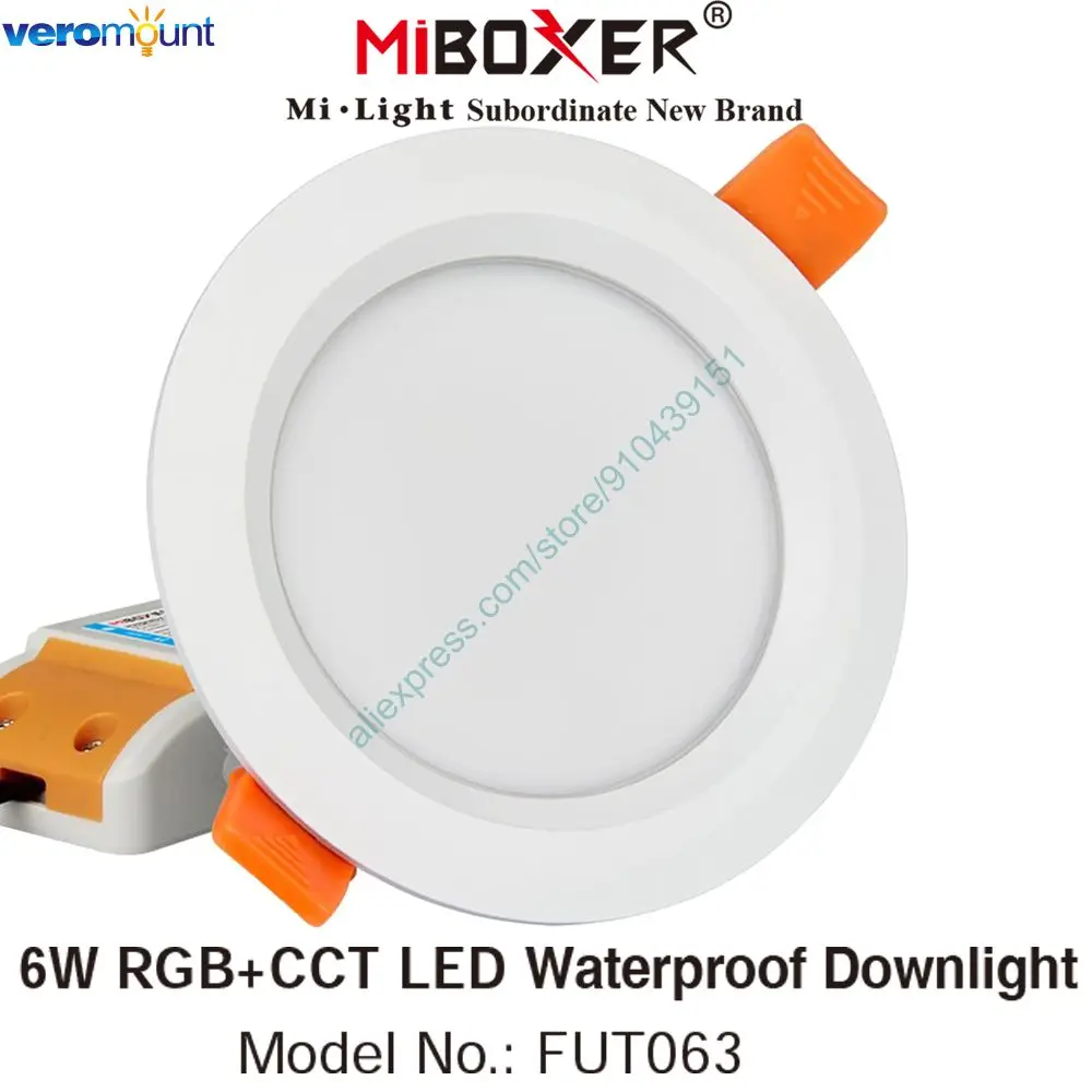 Фото MIBOXER FUT063 6W RGB+CCT Водонепроницаемый светодиодный встраиваемый светильник-спот AC85-265V, совместимый с приложением и Wi-Fi, беспроводное управление 2.4G, 4 зоны, пульт ДУ №1