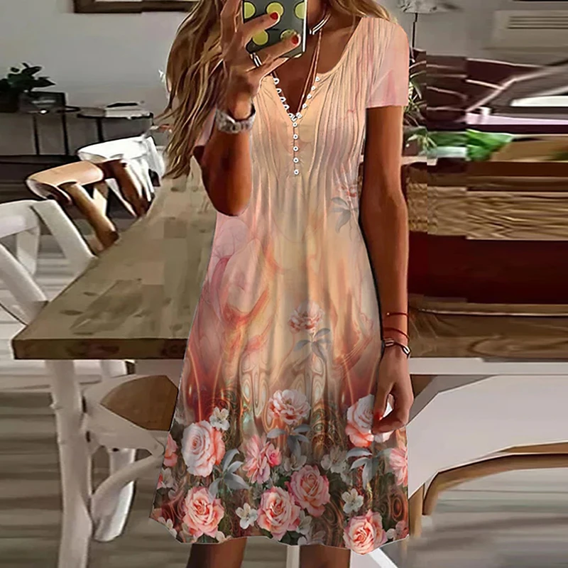 

Винтажное богемное женское платье-миди на пуговицах, с V-образным вырезом и коротким рукавом, плиссированное, женское модное ТРАПЕЦИЕВИДНОЕ ПЛАТЬЕ с цветочным принтом