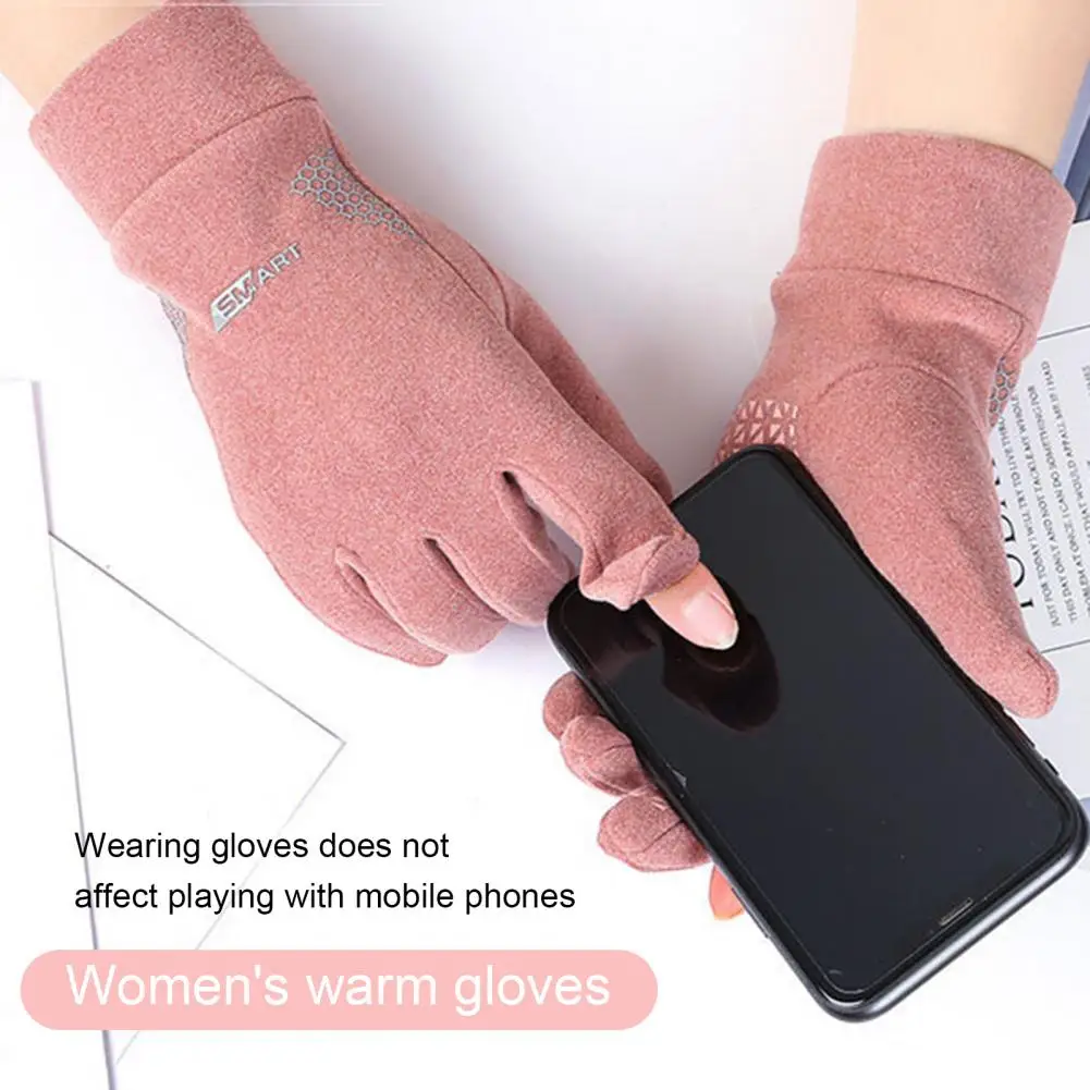

1 Pair Winter Cycling Gloves Letter Printing Finger Caps Touch Screen All Fingers Great Friction Keep Warm Particle Palm Solid C