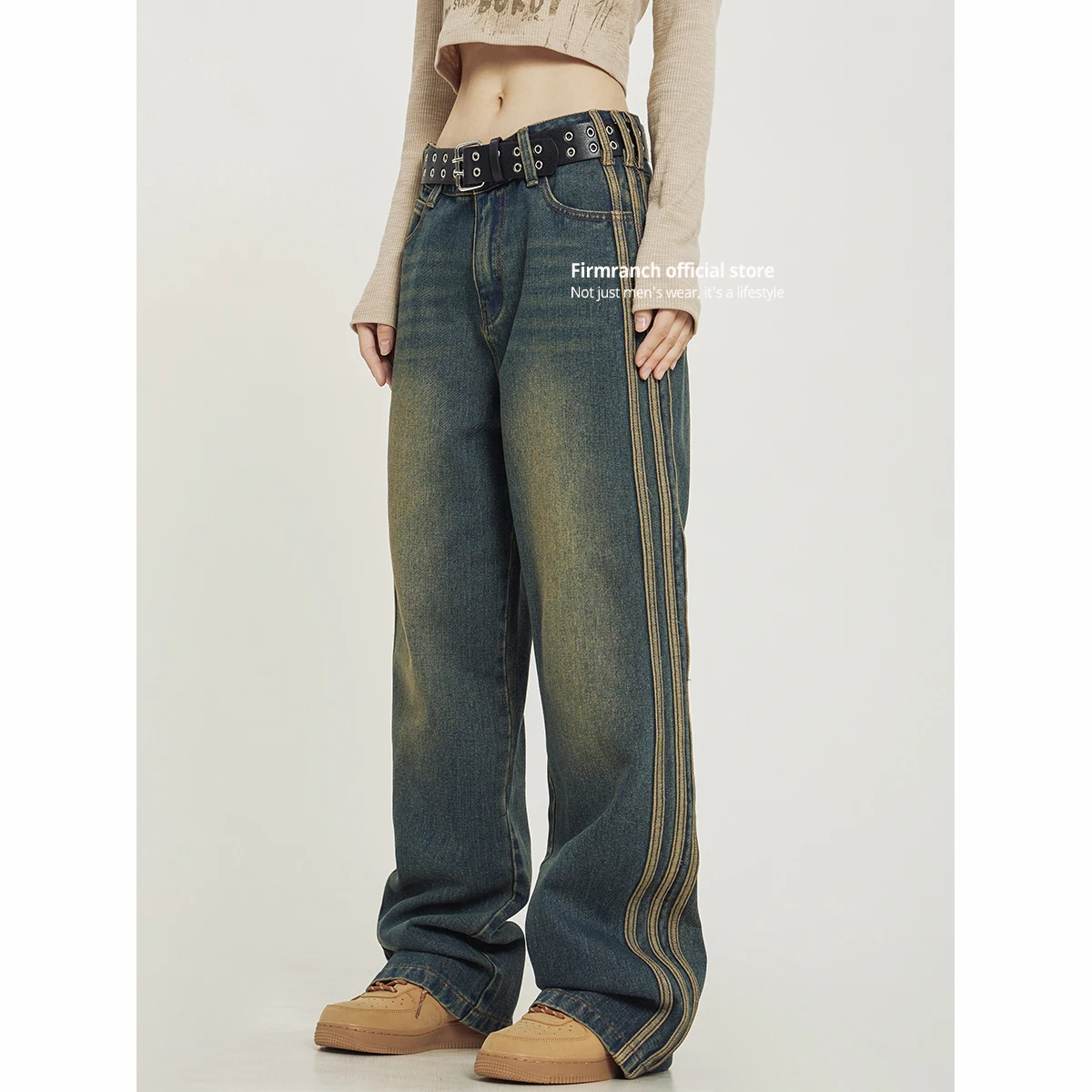 

Firmranch Men/Women Retro Blue Make Old Jeans Side Stripe Loose Micro Flared Floor Mop Pants High Waist Denim Spring Summer