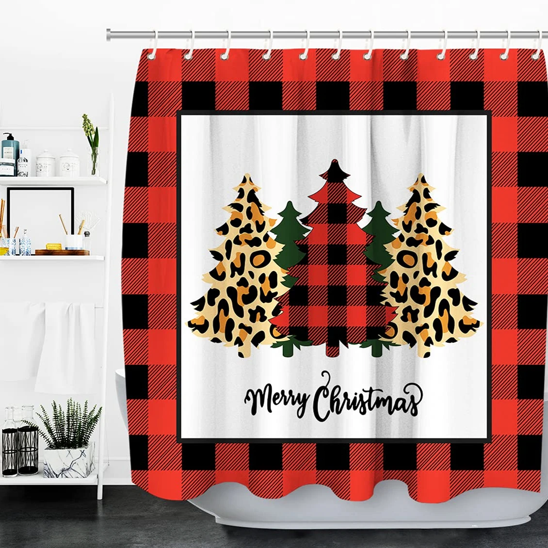 

Buffalo Check Plaid Merry Christmas Trees Shower Curtain,Nightmare Before Christmas Shower Curtains,Farmhouse Bathroom Decor Set