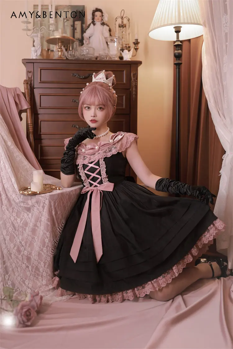 Women Lolita Off-Shoulder Solid Color Op Dress Sleeveless Japanese Style Cute Dress Female Summer Rojita Dress