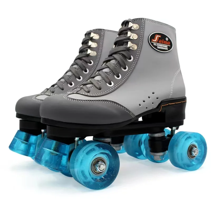 Women Men PVC Leather Gray Roller Skates Quad Skating Shoes Patines Sliding Inline Sneakers Training Europe Size 4 Wheels