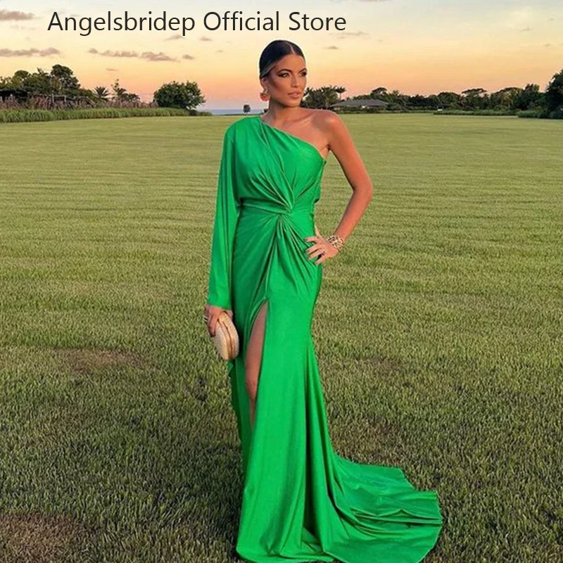 

Off Shoulder Green Mermaid Prom Dress For Women Leg Slit Evening Party Gowns Fashion Pleat Vestidos De Graduación