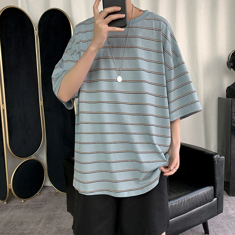 

95% хлопок полосатые мужские летние футболки 2022 Харадзюку Большие футболки с коротким рукавом корейские мужские повседневные футболки Топы