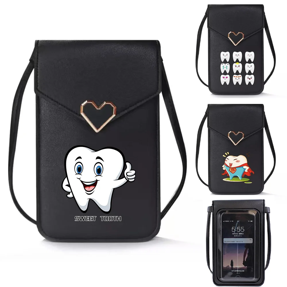 

Mobile Phone Bag Women Mini Wallets Shoulder Crossbody Bags Teeth Print PU Leather Coin Purse Small Touch Screen Cell Phone Pack