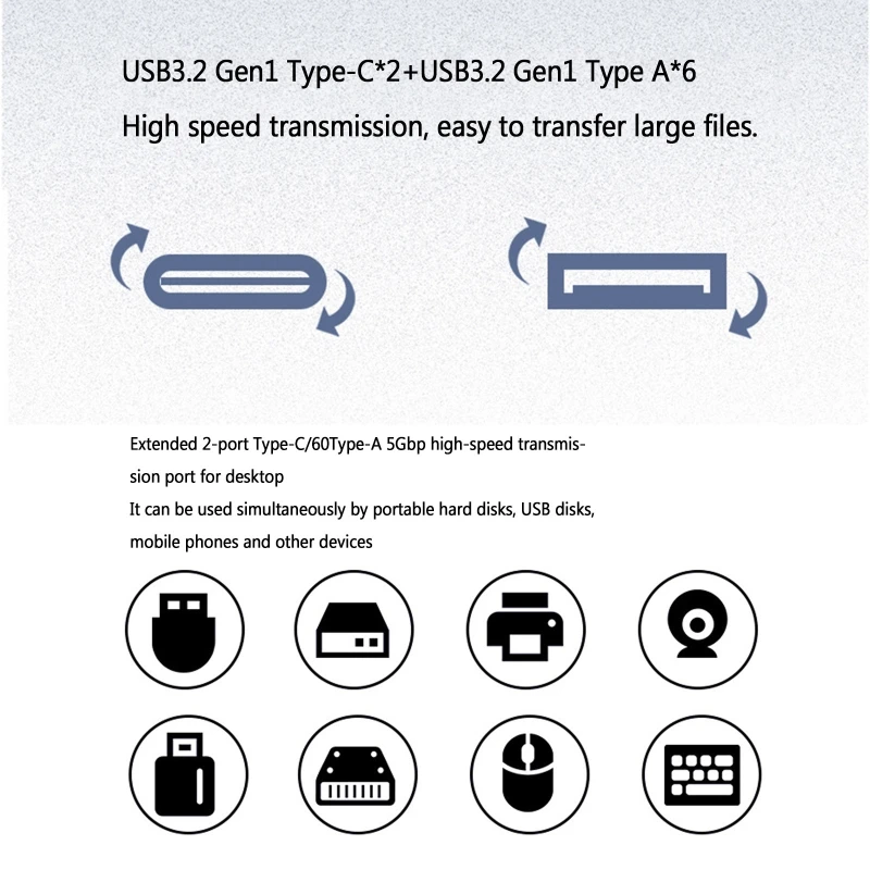 

R58A PCIE X1 to USB 3.2 Expansion Card 5Gbps Gen1 8 Ports Type C Adapter 6 x Type-A + 2x Type-C Riser Converter