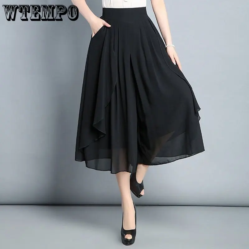 

Шифоновые облегающие брюки-кюлоты, тонкие летние укороченные брюки, широкие брюки, большие размеры, эластичные свободные повседневные брюки с высокой талией для женщин