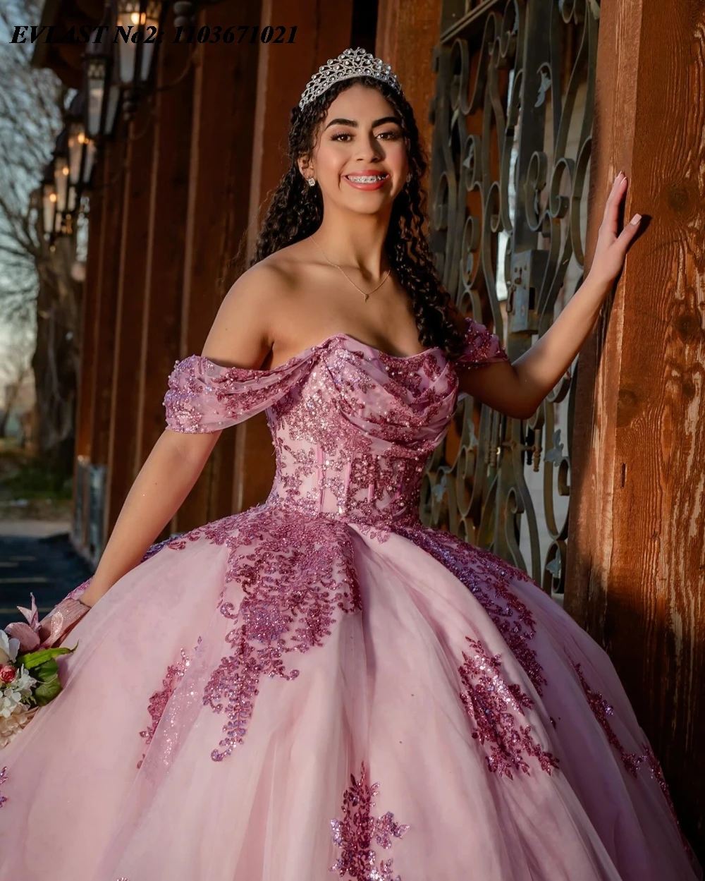 EVLAST Розовое платье Quinceanera по индивидуальному заказу бальное блестящая кружевная