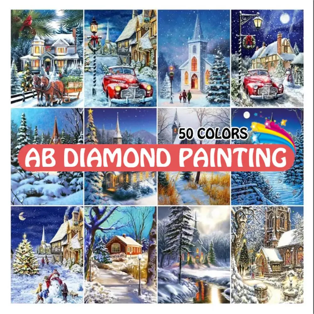 

Набор для алмазной вышивки AB Winter House, 50 цветов, квадратная, круглая вышивка, полная мозаика, снежный пейзаж, Рождественская вышивка, Набор для творчества