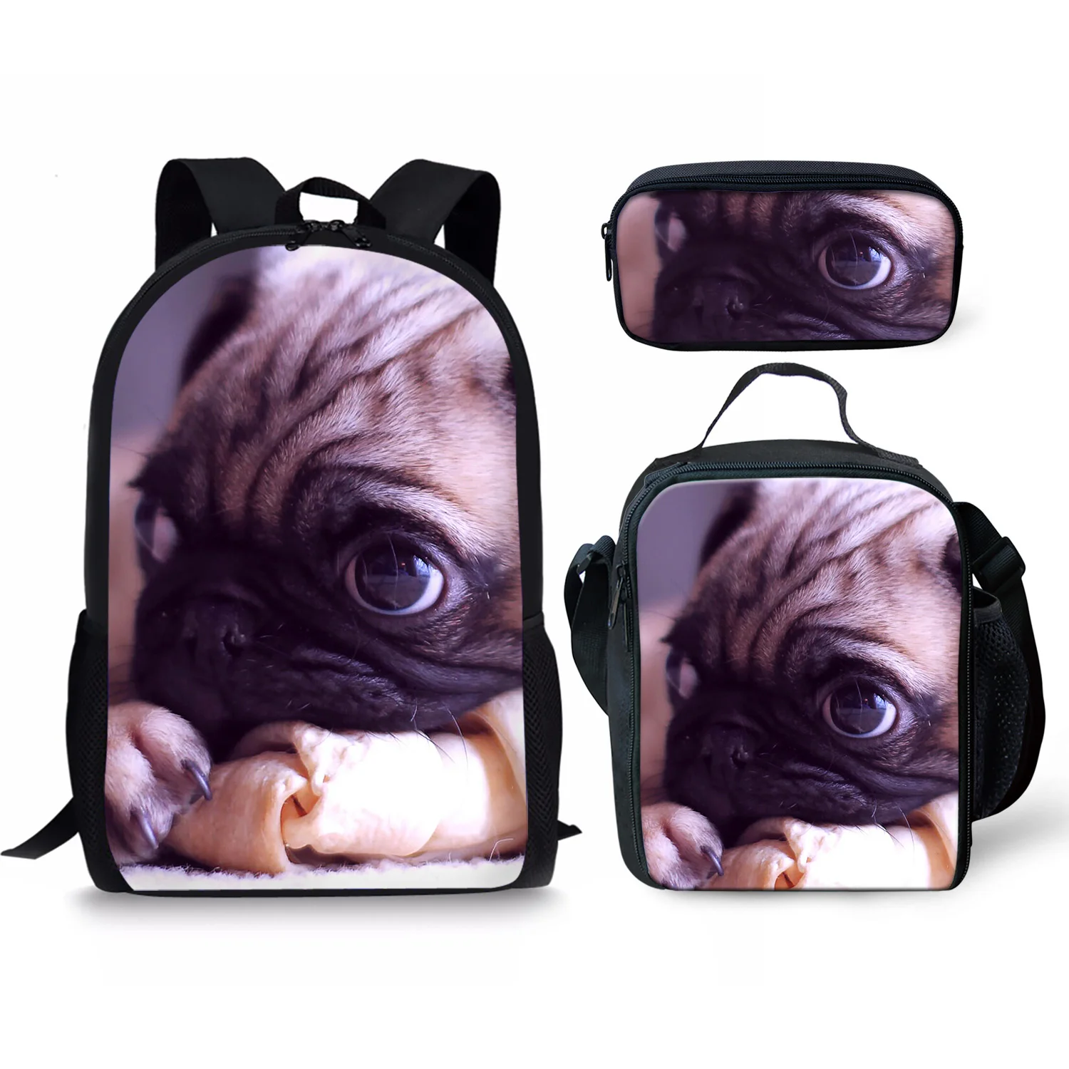 Cute Pug Print New 3Pcs/Set School Bags Daily Travel Climbing Durable Backpack Trendy Birthday Gift for Kids Fashion Knapsack