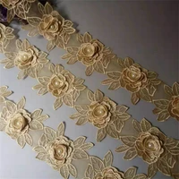 1 yard gold soluble rose flower pearl chiffon embroidered lace trim ribbon fabric handmade vintage wedding dress sewing craft