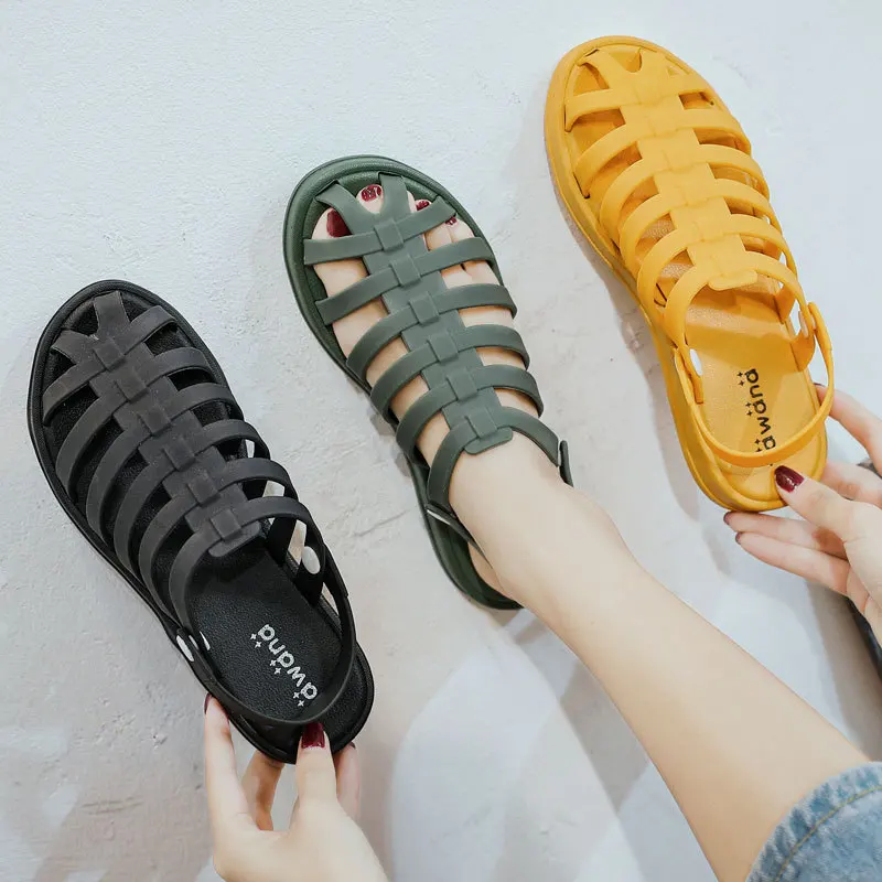 

Summer Roman Sandals Fashion Narrow Band Sandals PVC Two Ways Wear Slides Leisure Travel Beach Slippers Casual Slip-On Sandals