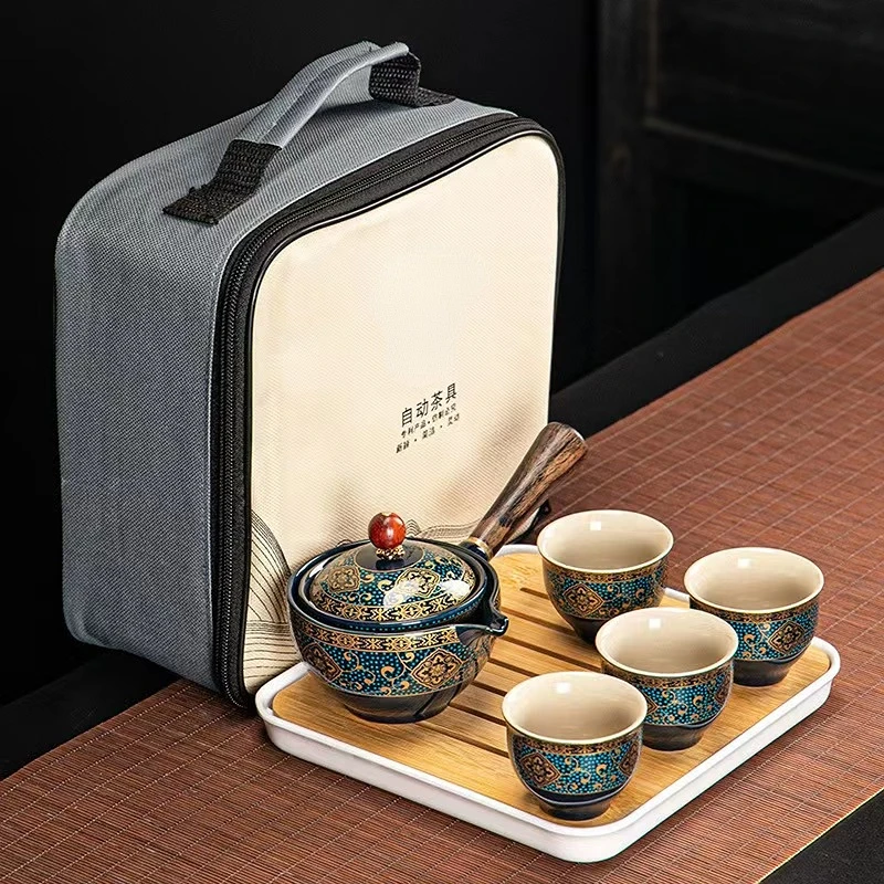 

Portable Travel Kung Fu Teapot and Cup Set filter Creative ceramic Automatic Spinning Tea Set Teaware kettles with Tray Bag