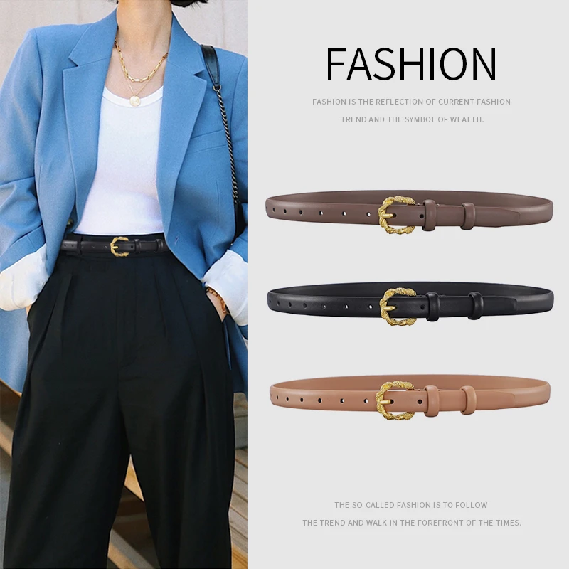 

Ремень из тонкой кожи для женщин, простой модный пояс с индивидуальной пряжкой из сплава, украшение для джинсов и пальто