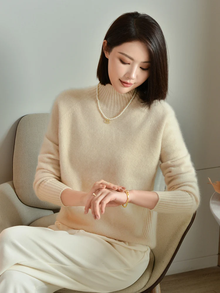 New Half-high Collar 00% Pure Cashmere Sweater Women Autumn and Winter Pullover Loose Short Knitted Thickened Bottom...