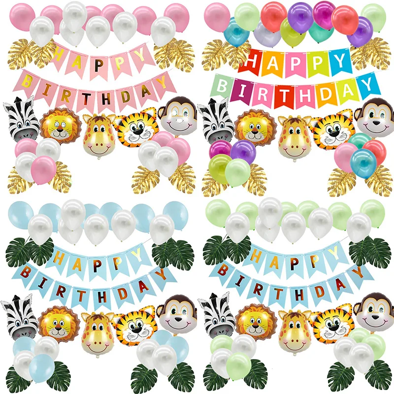 Safari Party Theme Animal Ballons Pull Flag Jungle Party Foil Balloons Palm Leaves for Kids Birthday Party Baby Shower Decor
