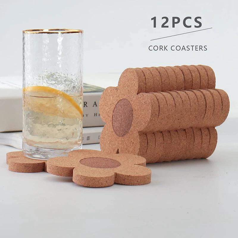 

12PCS Cute Coasters For Drinks,Absorbent&Reusable Coaster Set 4Inch Cork Flower Shape Coasters For Coffee,Tea Cup Mat
