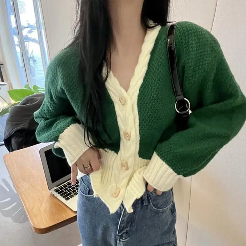 Женский вязаный кардиган с рукавами-фонариками короткий свитер в стиле ретро