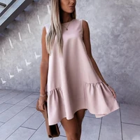 white women dress summer round neck sleeveless simple fashion clothes party casual streetwear solid color large hem mini dresses