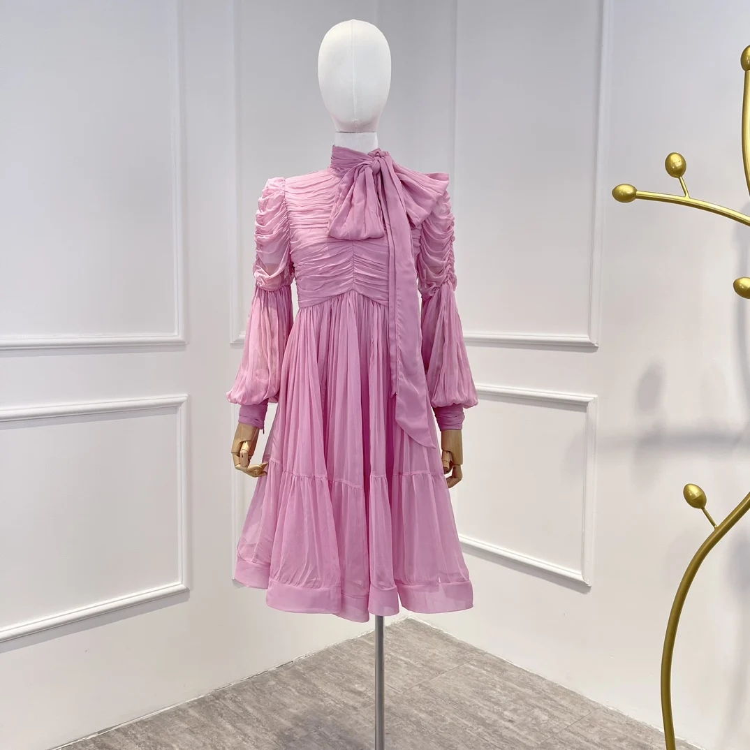 

Женское винтажное мини-платье с рюшами, однотонное элегантное розовое платье с длинным рукавом-фонариком, со складками, весна-лето 2023