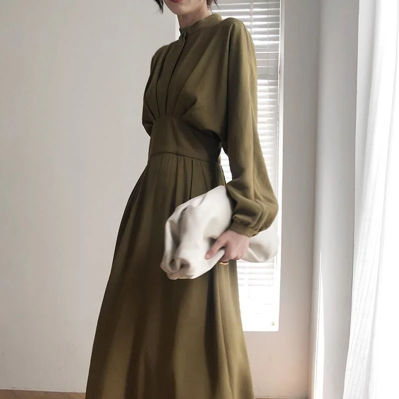 

Vintage Long Sleeve Elegant Autumn Dress Women Women's Spring Slimming Pleated Stand Collar Dress Dresses Female
