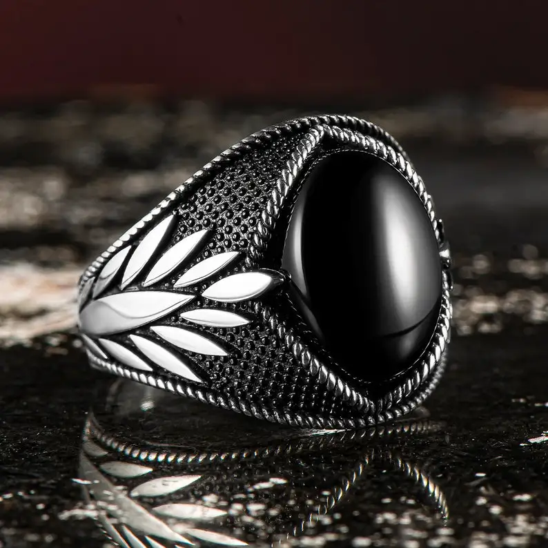 

Men Vintage Ring Oval Black Onyx Stone Rings Punk Classic Dished and Spike Motif Rings Gifts For Boyfriend