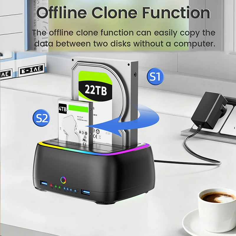 Фото Док-станция RGB с двумя отсеками для жесткого диска, адаптер SATA-USB 3.0 для корпуса жесткого диска 2,5/3,5 дюйма, автономный клонированный корпус одним щелчком мыши №2
