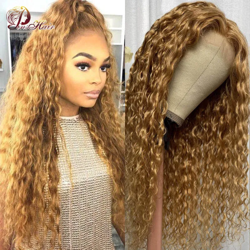Honey Blonde Lace Front Wig Water Wave Human Hair Wigs Curly Hair Colored Lace Front Wigs Human Hair Transparent Lace Blonde Wig