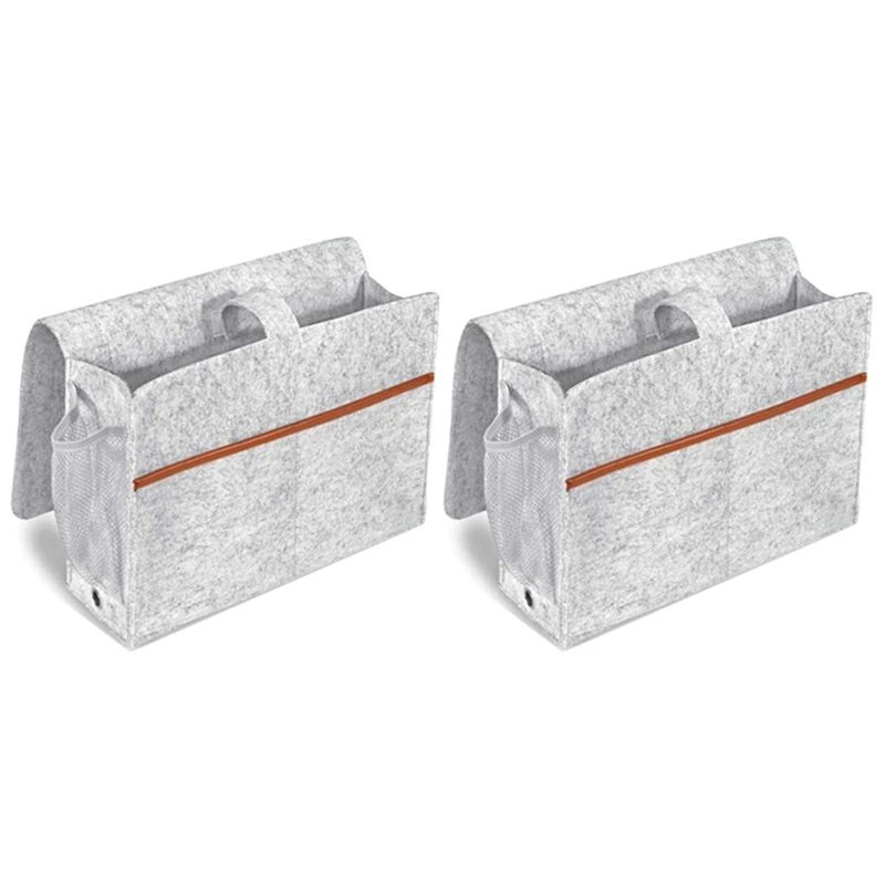 

2X Bedside Organizer, Felt Bed Storage Caddy With Tissue Box And Water Bottle Holder, Magazine Phone Tablet - Light Gray