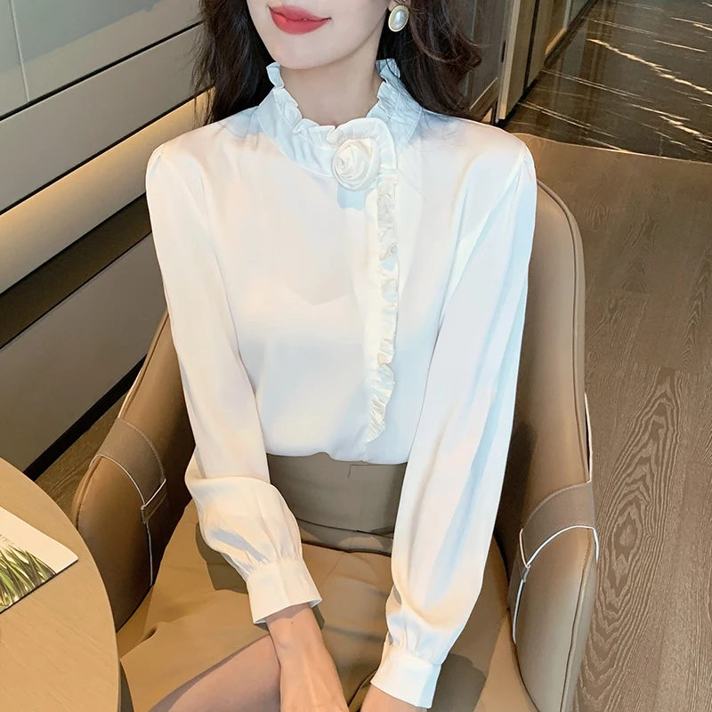 Женская шифоновая блузка с длинным рукавом оборками