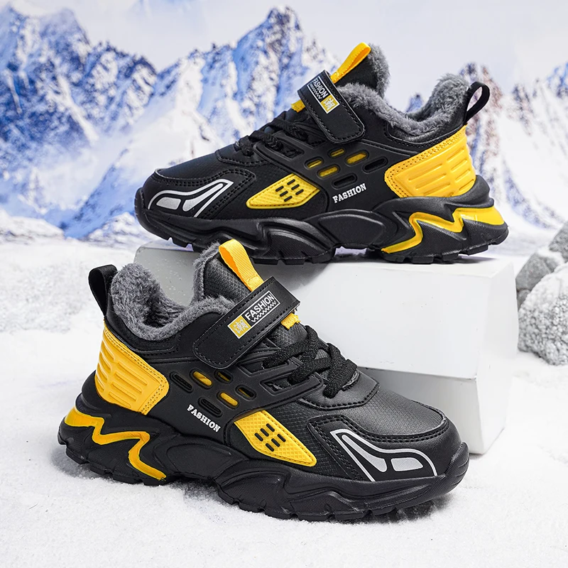 2022 Autumn Winter Children's Warm Cotton Shoes Boys' Snow Anti-skid Flat Shoes Leather Fashionable Breathable Children's Shoes