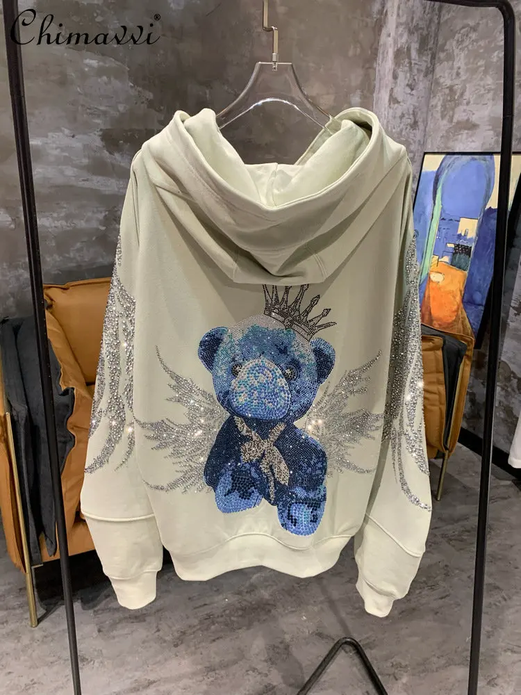 

Female Luxury Trendy Rhinestone Pullover Hoodie Coat Women’s Fashionable Heavy Wings Bear Loose Long Sleeve Sweatshirts Top