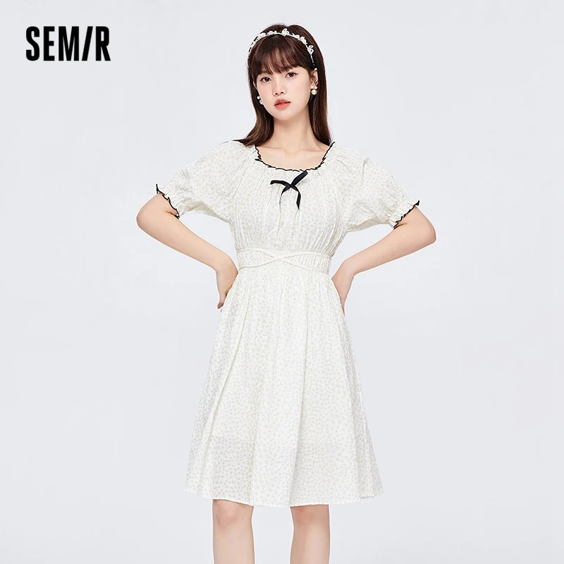 

Semir Dress Women Fungus Bow Bow Contrast Color Sweet 2022 Summer New Loose Waist Texture Polka Dot Dress
