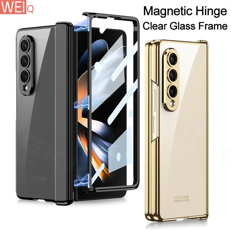 

Magnetic Hinge Transparent Hard Case For Samsung Galaxy Z Fold 4 Cover Plating With Glass Film Frame Galaxy Z Fold4 Case ZFOLD4