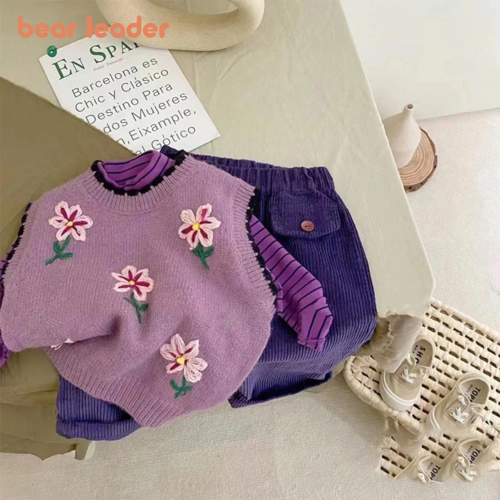 

Bear Leader Girls' Set Autumn/Winter 2023 New Kids' Flower Embroidery Sweater Vest+Stripe T-shirt+Corduroy Pants Three Piece Set