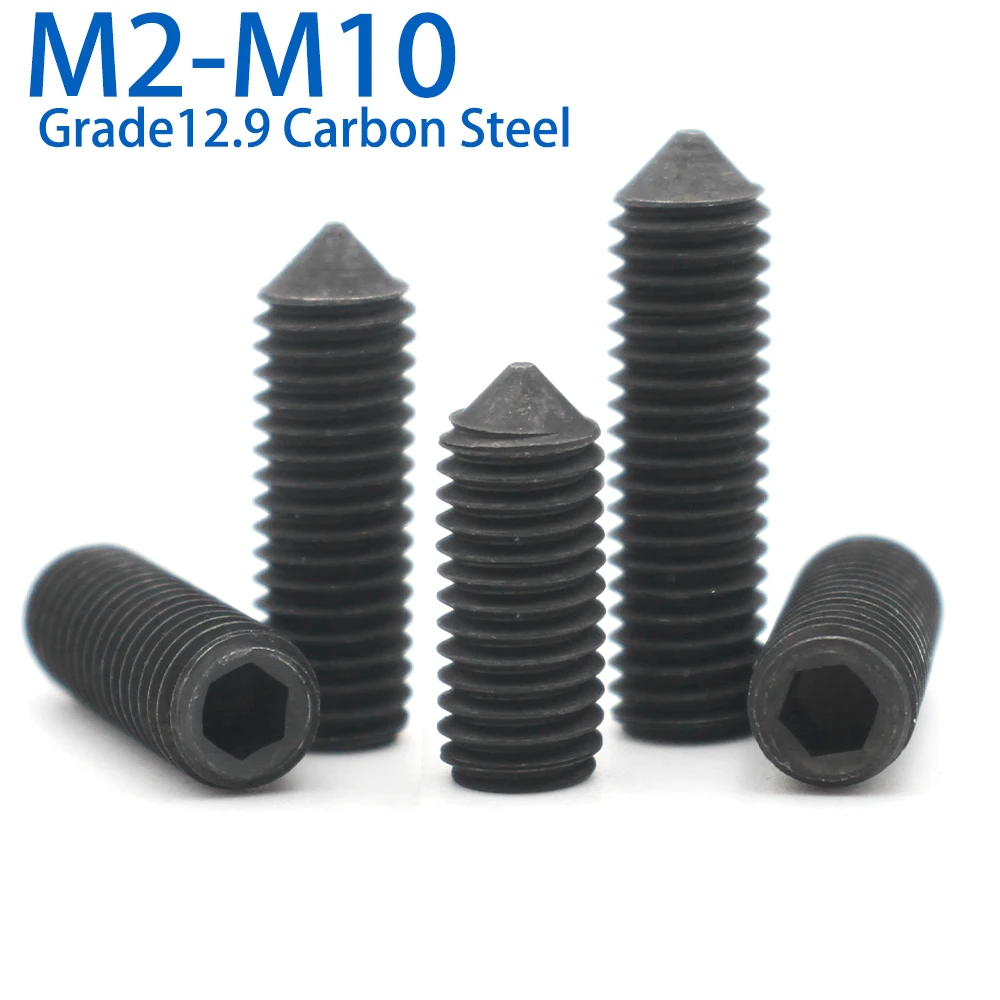 10 шт. M2 M2.5 M3 M4 M5 M6 M8 M10 DIN914 класса 12,9, черная углеродистая сталь, шестигранная головка, конусная точка, установочный винт, конический конец